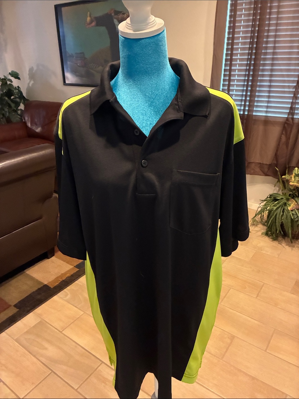 Men's Black Polo Style Shirt with Neon Green Panels - Performance Style